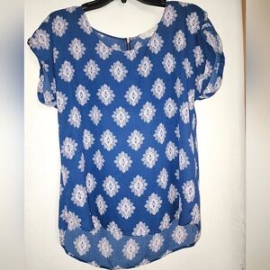 Pink Republic Blue Print Tunic Top Women Size Large zippered neck in back